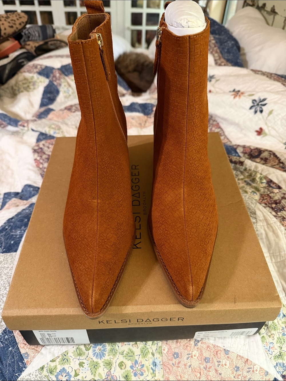 Kelsi Dagger Rust Suede Pointed Ankle Booties